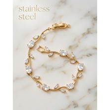 Stainless Steel Gold Renk Beyaz Zirkon Taşlı Lale Çelik Bileklik