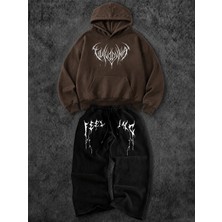 Macklin Unisex Kadın Erkek Feeling Yazı Baskılı Oversize 3 Iplik Kapüşonlu Hoodie ve Baggy Eşofman Altı