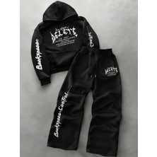 Macklin Unisex Kadın Erkek Delete Yazı Baskılı Oversize 3 Iplik Kapüşonlu Hoodie ve Baggy Eşofman Altı
