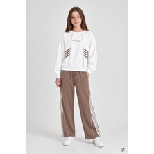 Cansın Mini Kahverengi Kız Çocuk Şeritli Sweatshirt Geniş Paça Eşofman Takımı  24682