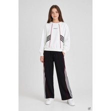 Cansın Mini Siyah Kız Çocuk Şeritli Sweatshirt Geniş Paça Eşofman Takımı  24680