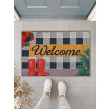 Suare Concept Welcome Yazılı Kırmızı Çizmeli Ekose Kapı Önü Paspası 40X60 cm - Yıkanabilir Kaymaz Taban Paspas