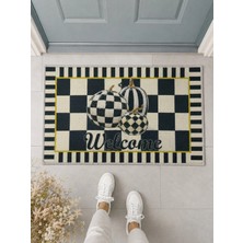 Suare Concept Siyah Beyaz Dama Desenli Balkabaklı Welcome Kapı Önü Paspası 40X60 cm - Yıkanabilir Kaymaz Taban Paspas