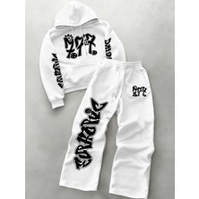 Macklin Unisex Kadın Erkek Grafiti 777 Yazı Baskılı Oversize 3 Iplik Kapüşonlu Hoodie ve Baggy Eşofman Altı