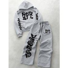 Macklin Unisex Kadın Erkek Grafiti 777 Yazı Baskılı Oversize 3 Iplik Kapüşonlu Hoodie ve Baggy Eşofman Altı