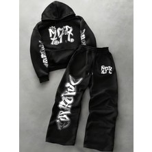 Macklin Unisex Kadın Erkek Grafiti 777 Yazı Baskılı Oversize 3 Iplik Kapüşonlu Hoodie ve Baggy Eşofman Altı