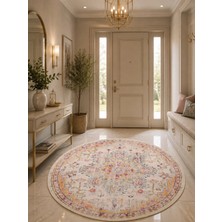 BLG Home Krem Zeminli Eskitme Desenli Madalyon Yuvarlak Bambu Halı Modelleri