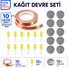 Fapatech Eding Kağıt Devre Sınıf Kiti – 10 Metre Bakır Folyo Iletken Bant, Sarı CR2032 Pil ve 5 mm LED | Stem Basit Elektrik Devresi Deney Seti