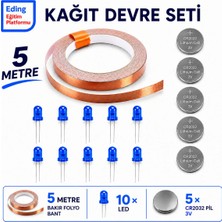 Fapatech Eding Kağıt Devre Kiti – 5 Metre Bakır Folyo Iletken Bant, CR2032 Pil Mavi 5 mm LED | Basit Elektrik Devresi Stem Deney Seti