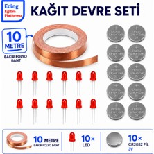Fapatech Eding Kağıt Devre Sınıf Kiti – 10 Metre Bakır Folyo Iletken Bant, CR2032 Pil ve 5 mm LED | Stem Basit Elektrik Devresi Deney Seti