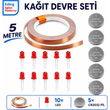 Fapatech Eding Kağıt Devre Kiti – 5 Metre Bakır Folyo Iletken Bant, CR2032 Pil ve 5 mm LED | Stem Basit Elektrik Devresi Deney Seti