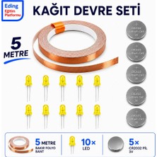 Fapatech Eding Kağıt Devre Kiti – 5 Metre Bakır Folyo Iletken Bant, Sarı 5 mm LED ,CR2032 Pil | Stem Basit Elektrik Devresi Deney Seti