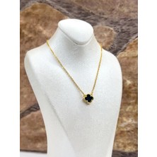 Livora Jewelry 925 Ayar Gümüş Gold Kaplama Oniks Taşlı Şans Yoncası Siyah Kadın Kolye