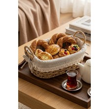 Makri Home Bambu Hasır Ekmek ve Sunum Sepeti Kumaş Astarlı Kompakt Boy, Oval 27X18,5X13 cm