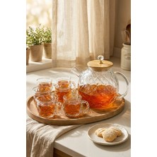 Makri Home Bambu Kapaklı Desenli Cam Çay Seti – 7 Parça (1000 ml Demlik + 6 Adet 110 ml Çay Bardağı)