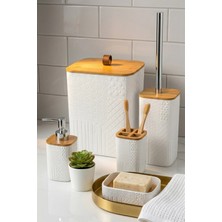 Makri Home Bambu Detaylı 5 Parça Beyaz Banyo Seti, 21 x 19 x 25 cm