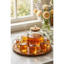 Makri Home Cam Çay Seti, 1000 ml Bambu Kapaklı Demlik ve 6 Adet 110 ml Bardak