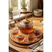 Makri Home Cam Çay Seti – 1280 ml Demlik & 4 Adet 110 ml Bardak, Ahşap Tutamaçlı