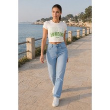 G-FOX Kadın Baskılı Yuvarlak Yaka Kısa Kollu Esnek Crop Tişört 6005