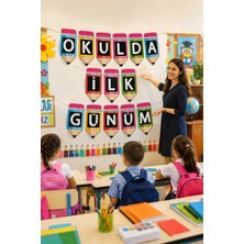 Dodomar Okulda Ilk Günüm Rengarenk Kalem Kağıt Banner Okula Dönüş Sınıf Okul Açılışı Süsü 200 cm
