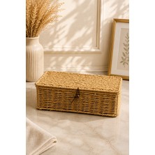Yzhome Hasır Rattan Kapaklı Dikdörtgen Saklama Kutusu Organizer Çok Amaçlı 12*28CM