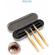 Ocean Ipek Kirpik Cımbız Seti, Metal Kutulu, Gold, 3 Model Profesyonel Cımbız