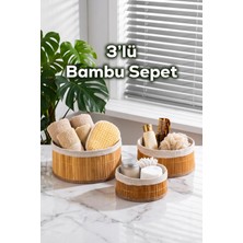 Porsima PBT-598 3lü Hasır Sepet Kapaklı Yuvarlak Bambu Sepet Seti Dekoratif Banyo Mutfak Düzenleyici Organizeri