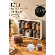 Porsima Simple  12'Li Standlı Kendinden Yapışkanlı Kaşıklı Kapaklı Baharatlık Saklama Kabı Seti - Cappuccino Beyaz