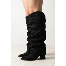 Preshley Kadın Santorini Siyah Süet Tak Çıkart Büzgü Detaylı Çizme& Bot