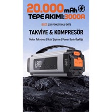 Mucosan 12V 3000AMP 20000MAH Akıllı Akü Takviye + Powerbank + Hava Kompresörü + LED Lamba Işıklı Oto Marş Hava Kompresörü