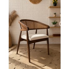 Silla Gazel Sandalye Teddy Krem Kumaş Hasırlı Ceviz Ahşap Sandalye
