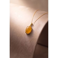 Takıdepo Minimalist Oval Tasarım Sarı Akik Taşlı Kadın Gümüş Kolye