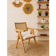 Silla Luna Sandalye Teddy Krem Kumaş Hasırlı Naturel Ahşap Sandalye