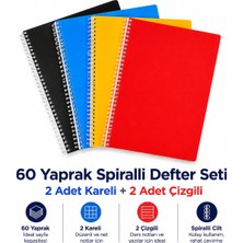 Adasra 60 Yaprak Spiralli Defter Seti – 2 Adet Kareli + 2 Adet Çizgili