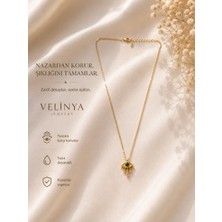 Velinya Yeşil Taşlı Göz Gümüş Kolye