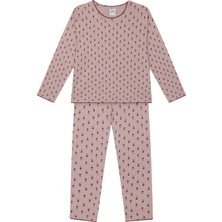 Antebies Organik Gots Sertifikalı Minik Güller Desenli, Uzun Kollu Tişört, Bel Lastikli Taytlı Kız Çocuk Pijama Takımı