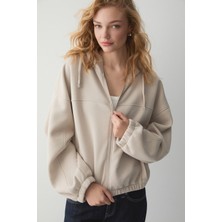 Ethiquet Valıt Kadın Çift Cepli Eteği ve Kol Ucu Lastikli Fermuarlı Oversize Taş Rengi Sweatshirt