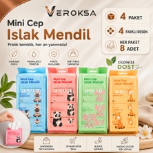 Veroksa Ini Cep Islak Mendil 4 Paket 4 Farklı Desen – Her Pakette 8 Adet – Toplam 32 Adet - Taşınabilir Cep Boy Islak Mendil