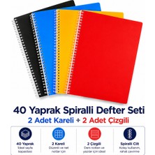 Adasra 40 Yaprak Spiralli Defter Seti – 2 Adet Kareli + 2 Adet Çizgili