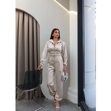 Esra Helvacı Fermuar Detay Vatkalı Saten Takım