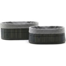 Go İthalat  Bambu Kenarlı Ahşap Altlı İçi Bezli Oval 2 Boy Gri Organizer Sepet  21x14 - 25x16 cm.