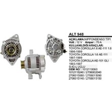 Alternatör 12V 70A Toyota Corolla E100 E110 1993/2002 Avensis 1 1,6 27060-15080 Dodo ALT948