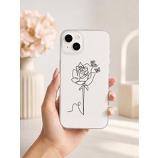 Aksesuarda iPhone 13 / 14 Uyumlu Gül ve Kelebek Desenli Beyaz Telefon Kılıfı Darbe Emici Şeffaf Kenarlı Metal Tuşlu Şık Tasarım