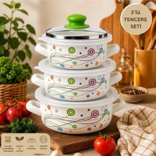Alev Emaye 3’lü Emaye Tencere Seti 14-16-18 cm | Çift Kapaklı | Cam + Saklama Kapaklı