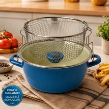 Alev Emaye Pastel Renkli Emaye Kızartma Tenceresi | 22 cm Tel Sepetli | Çok Amaçlı | Kızartma, Haşlama, Süzme Tenceresi
