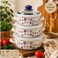 Alev Emaye 3’lü Emaye Tencere Seti 14-16-18 cm | Çift Kapaklı | Cam + Saklama Kapaklı