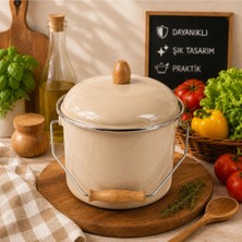 Alev Emaye Emaye Bakraç Tencere | Krem Iç Hazneli, Kapaklı, Ahşap Saplı Dekoratif Saklama Kabı | Pastel Renk