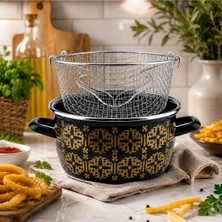 Alev Emaye 22 cm Emaye Kızartma Tenceresi Telli Sepetli – Siyah Gold Desenli, Yağ Süzmeli Pratik Kızartma Tenceresi
