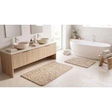 Nixa Tropikal Desenli 2’li Banyo Paspası Seti – Kaymaz Tabanlı, Yumuşak Dokulu, Bej