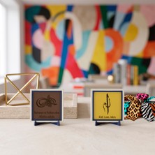 Miaju Manevi Değeri Yüksek “Elif, Lam, Mim” Hat Formu ve Türkçe Meâlli Besmele İkili Masaüstü Dekoru 10x10 cm, Açık Kahve - Sarı